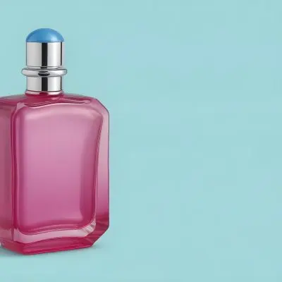 A Blue Perfume Bottle With A Blue Cap The Bottle Is Square With Rounded Edges The Background Is A Pink Color 16 100b