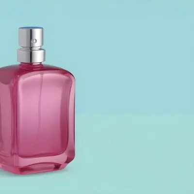A Blue Perfume Bottle With A Blue Cap The Bottle Is Square With Rounded Edges The Background Is A Pink Color 4 5106