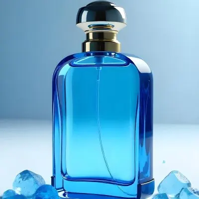 A Blue Perfume Bottle With A Blue Neck And A Golden Cap Surrounded By Small Blue Crystals In A Bright Studio 1 28d1
