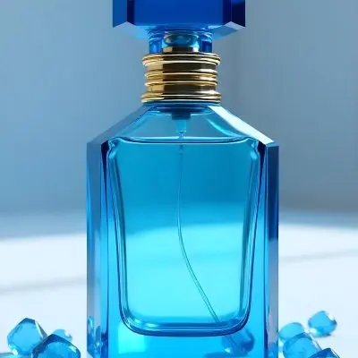 A Blue Perfume Bottle With A Blue Neck And A Golden Cap Surrounded By Small Blue Crystals In A Bright Studio 12 E74f