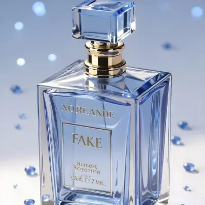 A Blue Perfume Bottle With A Blue Neck And A Golden Cap Surrounded By Small Blue Crystals In A Bright Studio 13 A64c