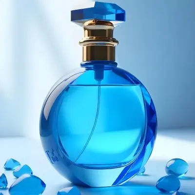 A Blue Perfume Bottle With A Blue Neck And A Golden Cap Surrounded By Small Blue Crystals In A Bright Studio 14 F978