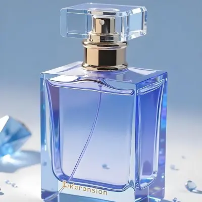 A Blue Perfume Bottle With A Blue Neck And A Golden Cap Surrounded By Small Blue Crystals In A Bright Studio 17 Ff11