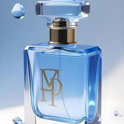 A Blue Perfume Bottle With A Blue Neck And A Golden Cap Surrounded By Small Blue Crystals In A Bright Studio 20 1185