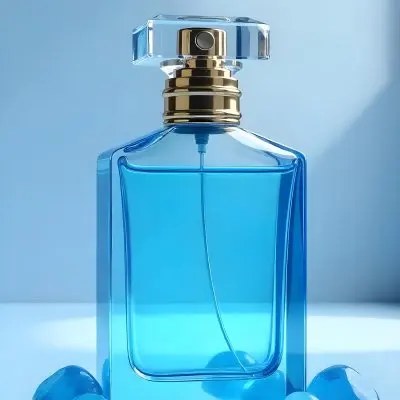 A Blue Perfume Bottle With A Blue Neck And A Golden Cap Surrounded By Small Blue Crystals In A Bright Studio 22 1643