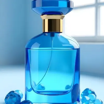 A Blue Perfume Bottle With A Blue Neck And A Golden Cap Surrounded By Small Blue Crystals In A Bright Studio 23 C18d