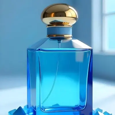 A Blue Perfume Bottle With A Blue Neck And A Golden Cap Surrounded By Small Blue Crystals In A Bright Studio 6 7aa1