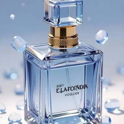 A Blue Perfume Bottle With A Blue Neck And A Golden Cap Surrounded By Small Blue Crystals In A Bright Studio 7 D0cc