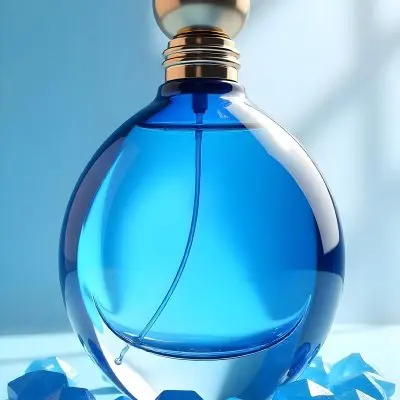 A Blue Perfume Bottle With A Blue Neck And A Golden Cap Surrounded By Small Blue Crystals In A Bright Studio 8 08ec