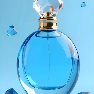 A Blue Perfume Bottle With A Golden Neck And A Crystal Cap Floating Blue Crystals In A Light Blue Background 3 Aa21