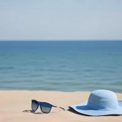 A Blue Sun Hat And Blue Sunglasses On A Sandy Beach With A Blue Sea And Sky In The Background 1 Ea09