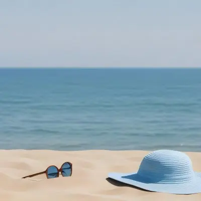 A Blue Sun Hat And Blue Sunglasses On A Sandy Beach With A Blue Sea And Sky In The Background 20 E86f