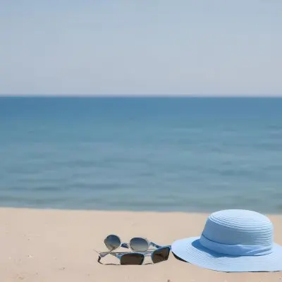 A Blue Sun Hat And Blue Sunglasses On A Sandy Beach With A Blue Sea And Sky In The Background 26 0cbd