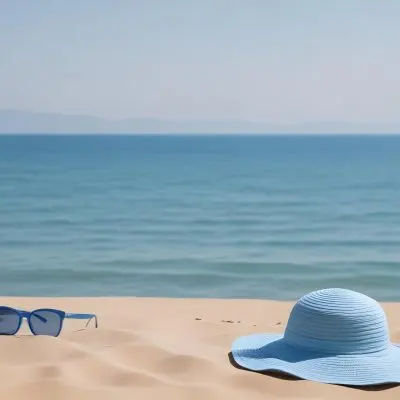 A Blue Sun Hat And Blue Sunglasses On A Sandy Beach With A Blue Sea And Sky In The Background 29 5fe9