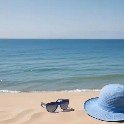 A Blue Sun Hat And Blue Sunglasses On A Sandy Beach With A Blue Sea And Sky In The Background 31 5b97