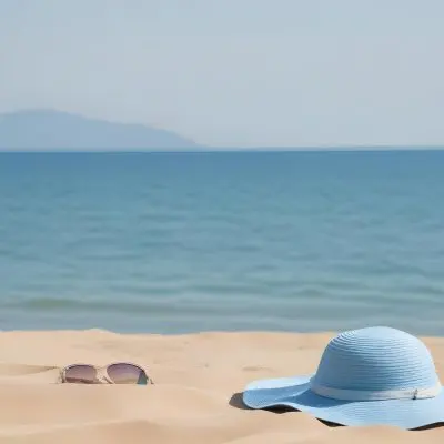 A Blue Sun Hat And Blue Sunglasses On A Sandy Beach With A Blue Sea And Sky In The Background 35 F522