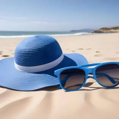 A Blue Sun Hat And Blue Sunglasses On A Sandy Beach With A Blue Sea And Sky In The Background 6 E51c
