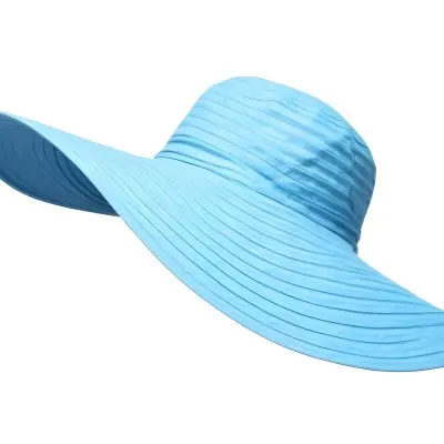 A Blue Sun Hat With A Wide Brim The Hat Is Made Of A Light Material And Has A Striped Pattern White Background 19 1e2c