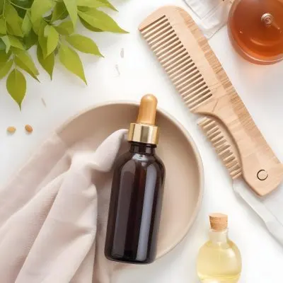 A Bottle Of Amber Colored Hair Oil Product Surrounded By Green Leaves And Hair Styling Tools On A White Background 10 C1c7