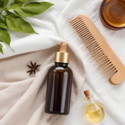 A Bottle Of Amber Colored Hair Oil Product Surrounded By Green Leaves And Hair Styling Tools On A White Background 12