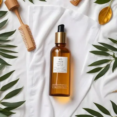 A Bottle Of Amber Colored Hair Oil Product Surrounded By Green Leaves And Hair Styling Tools On A White Background 3 3776
