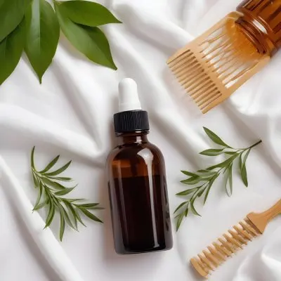 A Bottle Of Amber Colored Hair Oil Product Surrounded By Green Leaves And Hair Styling Tools On A White Background 8
