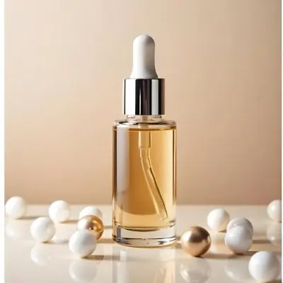A Bottle Of Cosmetic Oil With A Dropper White Cap Surrounded By White And Golden Pearls On A White Background 14 898c