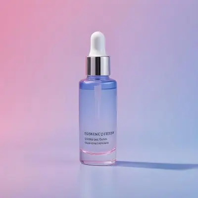 A Bottle Of Cosmetic Serum With A Dropper On A White Surface With A Pink And Blue Gradient Background 40 41ca