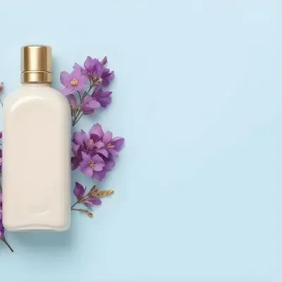 A Bottle Of Cream With A Golden Cap Surrounded By Purple Flowers On A Light Blue Background 11 E666