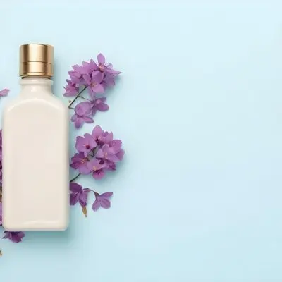A Bottle Of Cream With A Golden Cap Surrounded By Purple Flowers On A Light Blue Background 29 F5c6