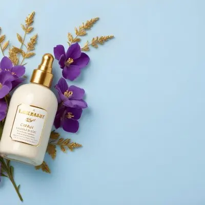 A Bottle Of Cream With A Golden Cap Surrounded By Purple Flowers On A Light Blue Background 45 Eb67