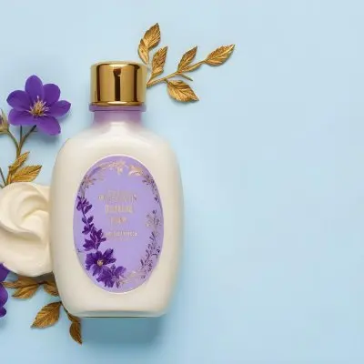 A Bottle Of Cream With A Golden Cap Surrounded By Purple Flowers On A Light Blue Background 47 Ad11
