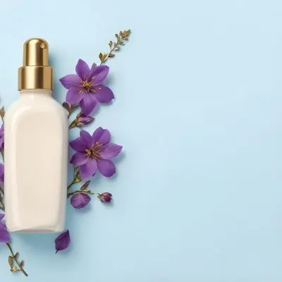 A Bottle Of Cream With A Golden Cap Surrounded By Purple Flowers On A Light Blue Background 5 08b7