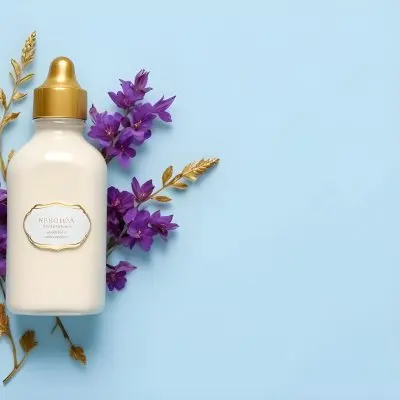 A Bottle Of Cream With A Golden Cap Surrounded By Purple Flowers On A Light Blue Background 51 E479