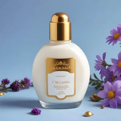 A Bottle Of Cream With A Golden Cap Surrounded By Purple Flowers On A Light Blue Background 66 0382