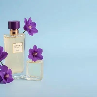 A Bottle Of Cream With A Golden Cap Surrounded By Purple Flowers On A Light Blue Background 7 139a