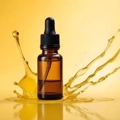 A Bottle Of Essential Oil With A Dropper A Splash Of Oil Around It Yellow Background 27 71ca