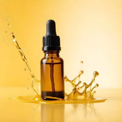 A Bottle Of Essential Oil With A Dropper A Splash Of Oil Around It Yellow Background 38 465d