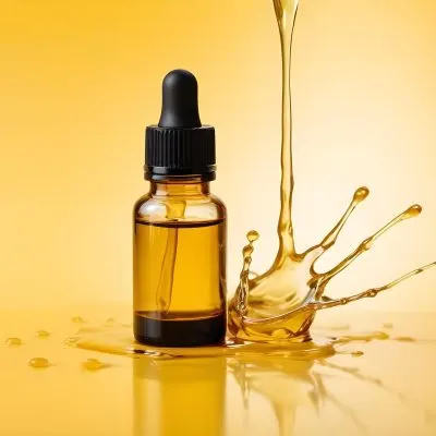 A Bottle Of Essential Oil With A Dropper A Splash Of Oil Around It Yellow Background 45 3a58