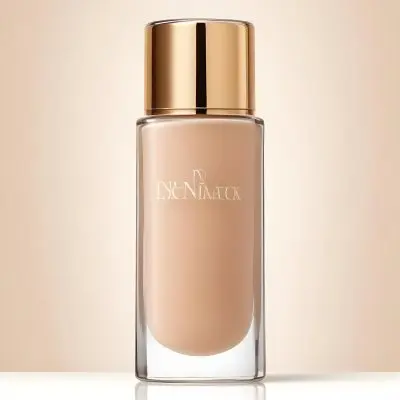 A Bottle Of Foundation With A Transparent Cap On A Beige Background The Bottle Is Transparent And The Foundation Is Beige 12 1f50