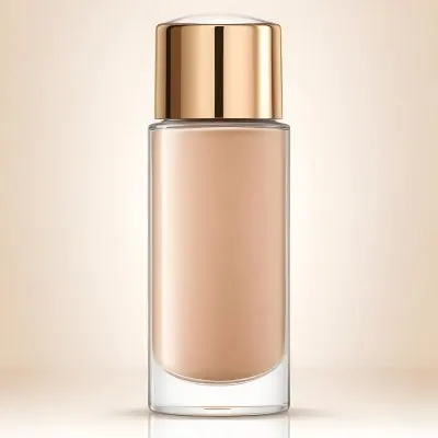 A Bottle Of Foundation With A Transparent Cap On A Beige Background The Bottle Is Transparent And The Foundation Is Beige 20 Cd15