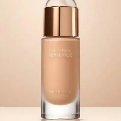 A Bottle Of Foundation With A Transparent Cap On A Beige Background The Bottle Is Transparent And The Foundation Is Beige 25 Fdd3