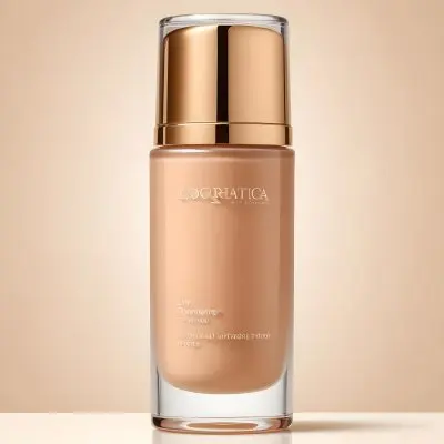 A Bottle Of Foundation With A Transparent Cap On A Beige Background The Bottle Is Transparent And The Foundation Is Beige 41 Eef5