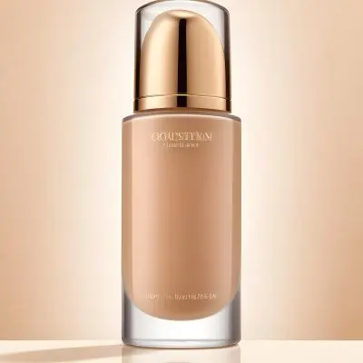 A Bottle Of Foundation With A Transparent Cap On A Beige Background The Bottle Is Transparent And The Foundation Is Beige 45 19ea