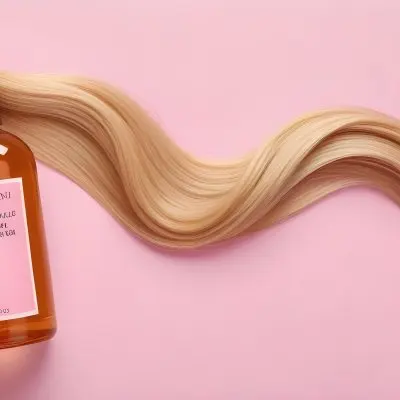 A Bottle Of Hair Oil And A Strand Of Blonde Hair On A Pink Background 10 Dc76
