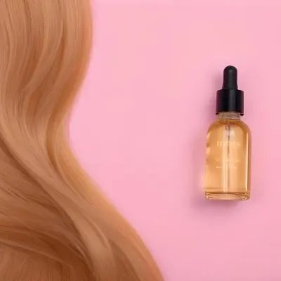 A Bottle Of Hair Oil And A Strand Of Blonde Hair On A Pink Background 21 6e7d