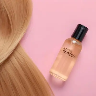 A Bottle Of Hair Oil And A Strand Of Blonde Hair On A Pink Background 22 28c1