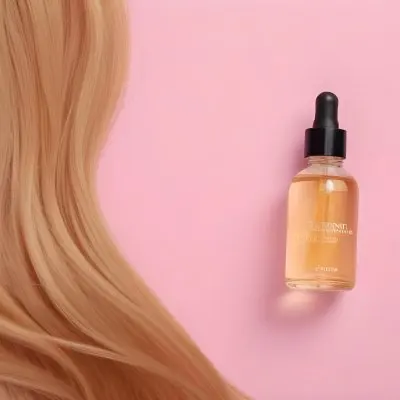 A Bottle Of Hair Oil And A Strand Of Blonde Hair On A Pink Background 26 0a9d