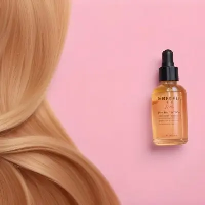A Bottle Of Hair Oil And A Strand Of Blonde Hair On A Pink Background 30 8932