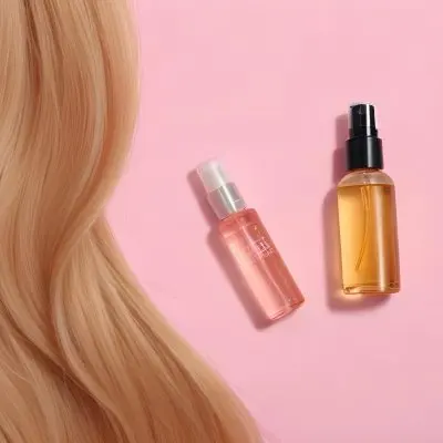 A Bottle Of Hair Oil And A Strand Of Blonde Hair On A Pink Background 35 Ef97